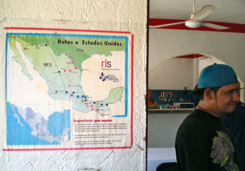 Map of traditional migrant routes across Mexico. Casa del Migrante "Hogar de la Misericordia" in Arriaga, Mexico. 3 Aug. 2015. Photo by Lacey Schauwecker.