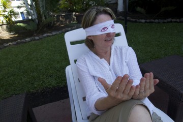 Diana Taylor blindfolded. Tapachula, México. 