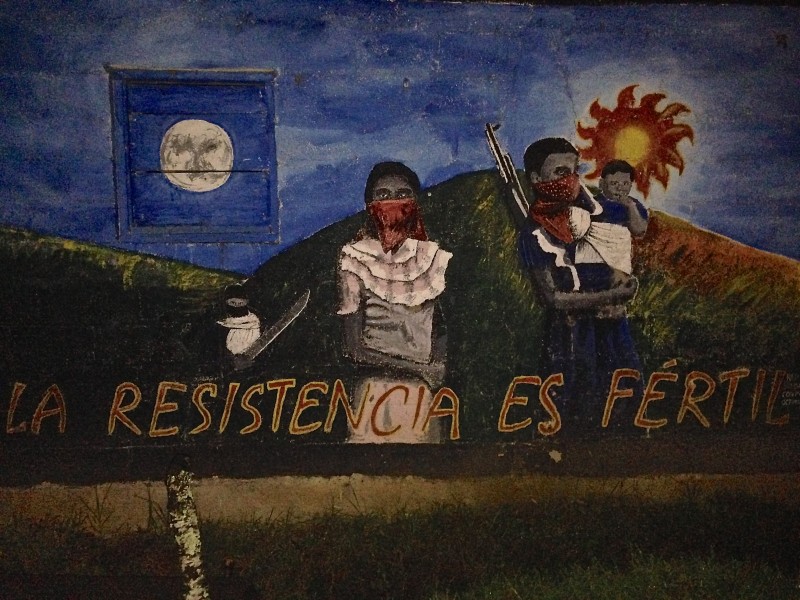 "La Resistencia Es Fertil" mural from the Zapatista community at Oventik. Photo by Grace McLaughlin. 