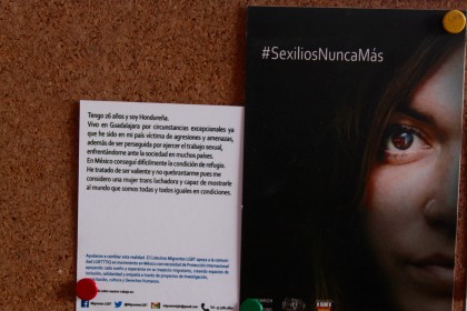 Poster denouncing 'sexile' at Centro de Derechos Humanos, run by Fray Matías de Córdova. Tapachula, Chiapas, México. Photo by Rachel Russell.