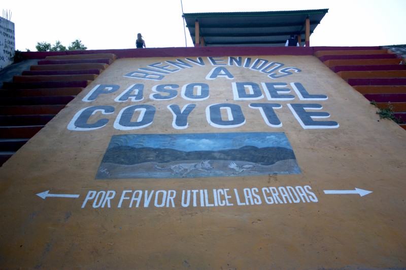 Mural alongside the river that separates Mexico from Guatemala featuring a image of a coyote chasing a road-runner bird.