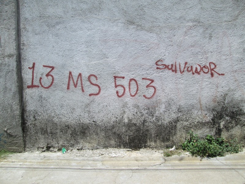 Mara Salvatrucha graffiti on a wall near a train station. Arriaga, México. 03 August 2015. Photo by Diana Gluck. 