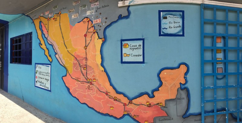 A mural map of Mexico at the La 72 Hogar - Refugio Para Personas Migrantes, showing migrant routes, train tracks, shelters and dangerous places. Tenosique, Tabasco, México. Photo by Tamara Skubovius. 